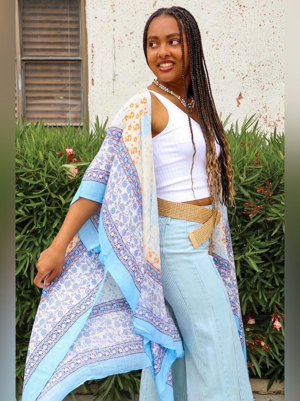 Lovestitch Light Blue and Navy Floral Pattern Kimono